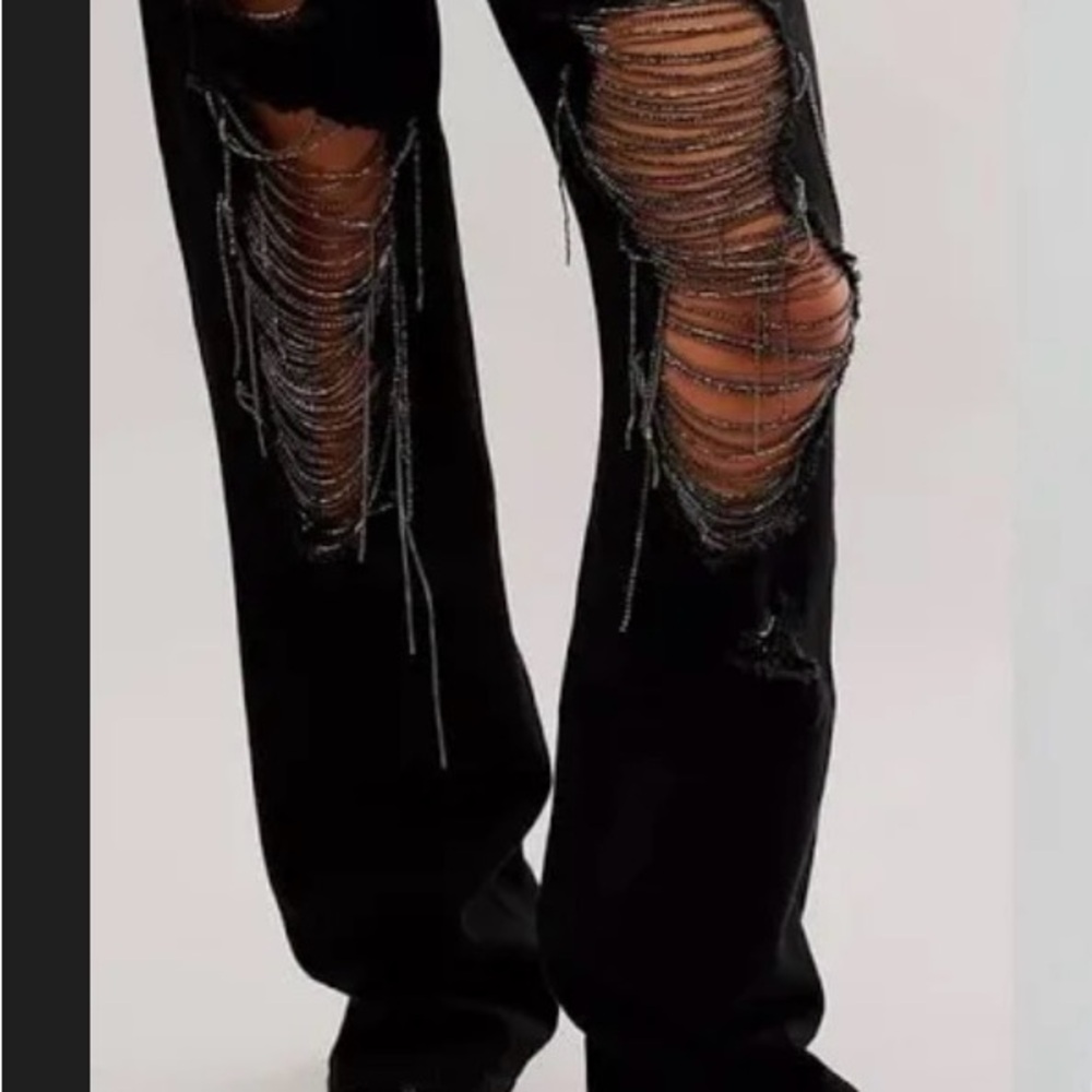 Retrofete “Marlowe” Black Distressed Chain Detail Jeans